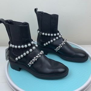 Zara black leather boots with faux pearls